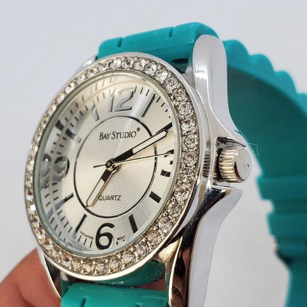 Bay Studio Women's Watch 31MM Gray Case Crystal Bezel Teal Plastic Bands NewBatt
